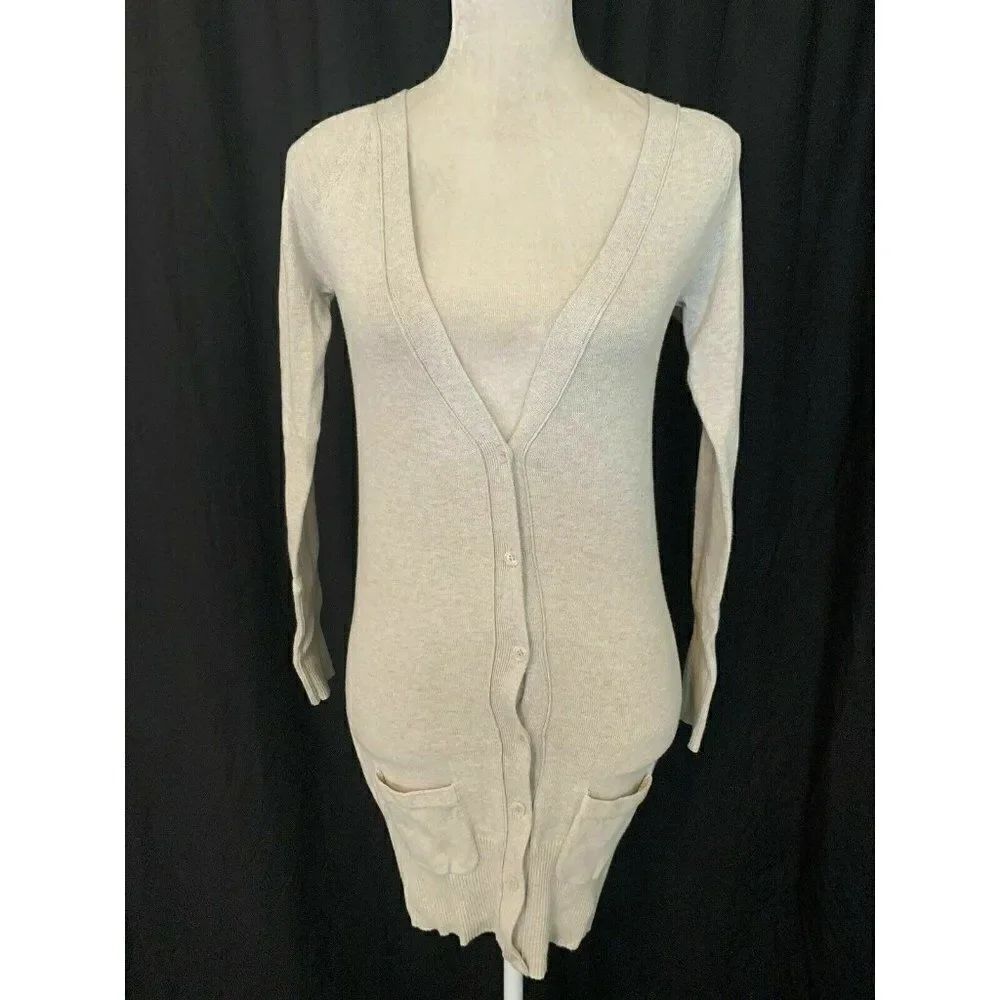 Zara Womens Gray Beige V Neck Long Sleeve Cardigan Sweater Top Small